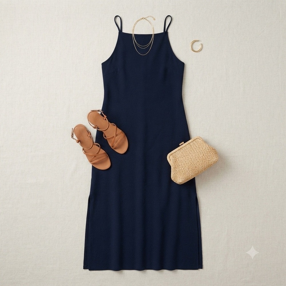 Shon Mott Knit Midi Dress Women 2 Black Square Neck Spaghetti Strap Minimalist